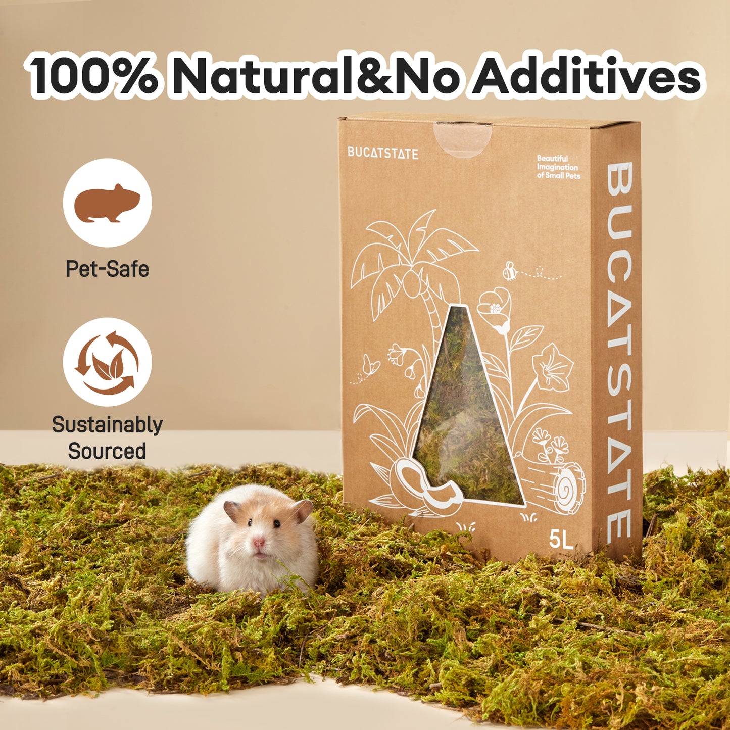 BUCATSTATE 5L Hamster Bedding, Natural Forest Moss Hamster Bedding Odor Control, Nature Hamsters Substrate Cage Accessories for Dwarf Syrian Hamsters, Mice, Gerbils (Dried Moss)