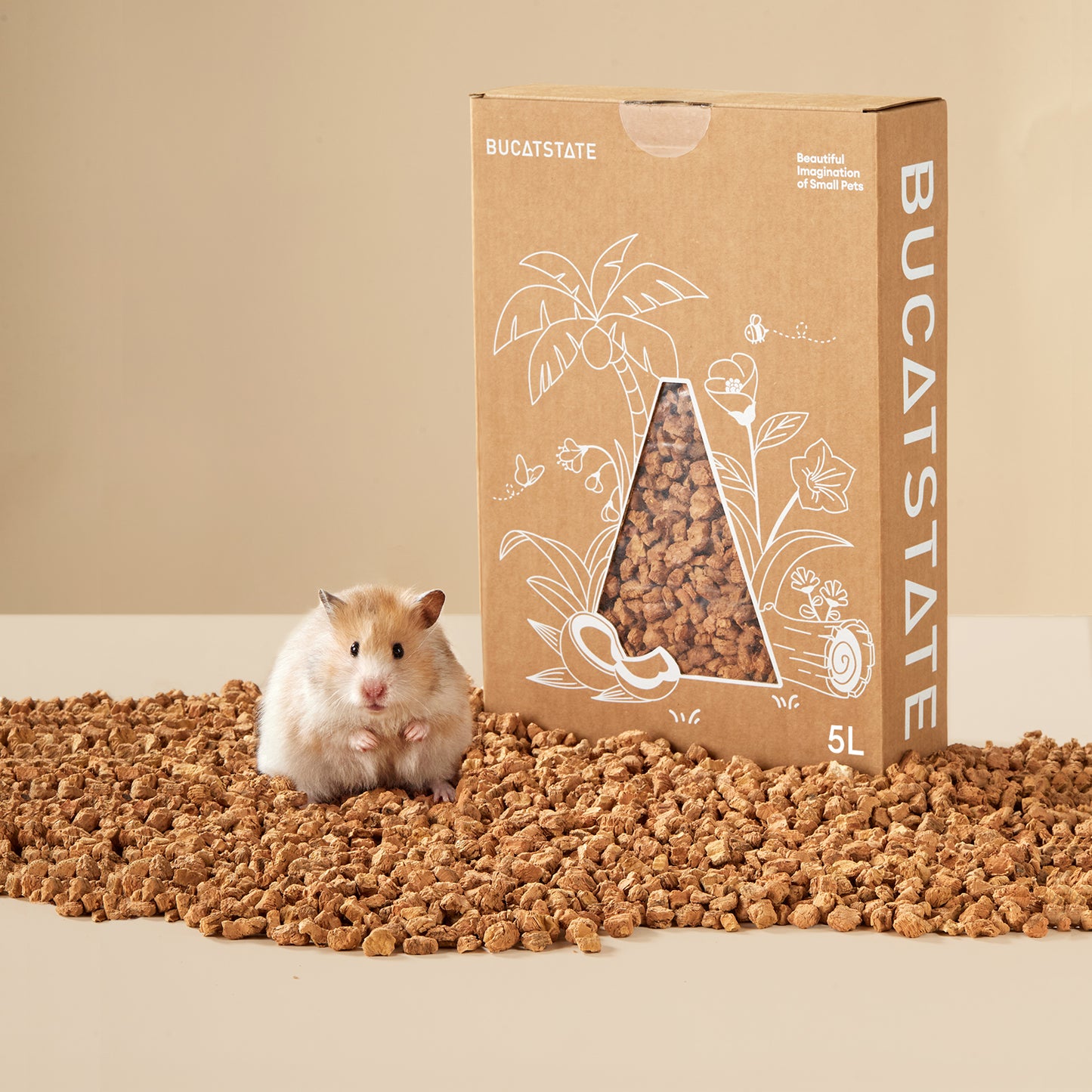 BUCATSTATE Cork Bedding 5L, Natural Hamster Bedding Odor Control for Dwarf Syrian Hamsters, Gerbils, Mice, Low-dust Hamster Substrate with Paper Hideout Box (Grain 2-4mm or 4-5mm)