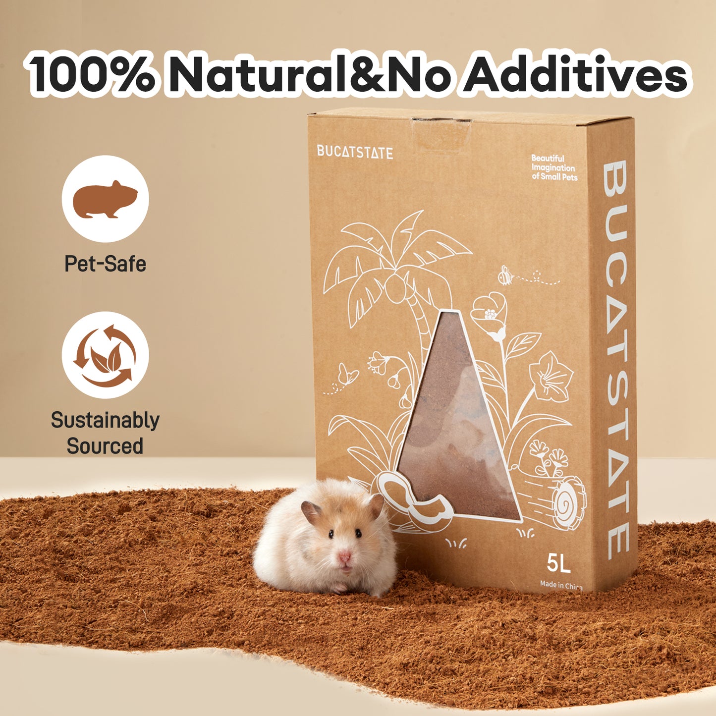 BUCATSTATE 5L Natural Coco Fiber Hamster Bedding, Soft Natural Coco Fiber Substrate for Small Pets & Dwarf Syrian Hamsters, Gerbils, Mice, Low-dust Hamster Hamsters