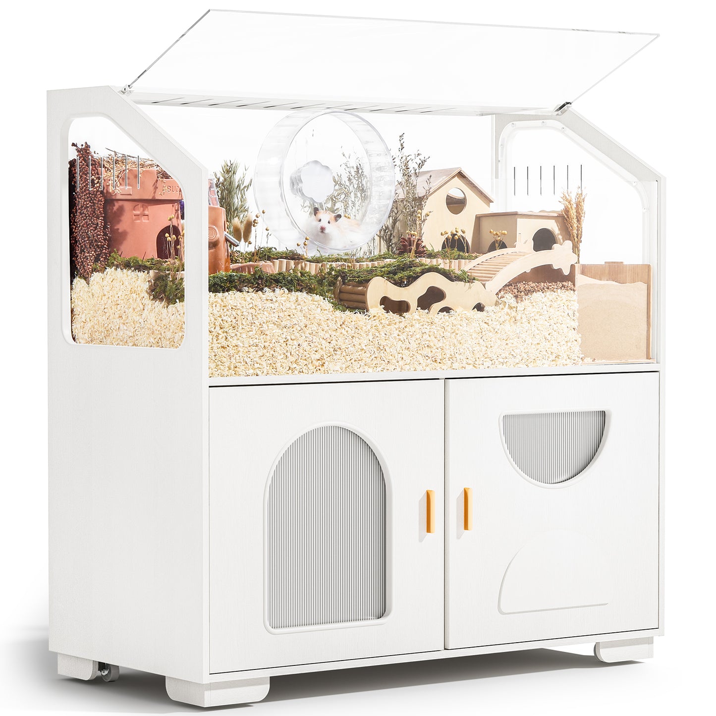 Hamster Cage with Storage Cabinet, 39.4"/100cm Large Hamster Enclosure with Cage Casters, Wooden Small Animal Cages for Gerbil Mouse