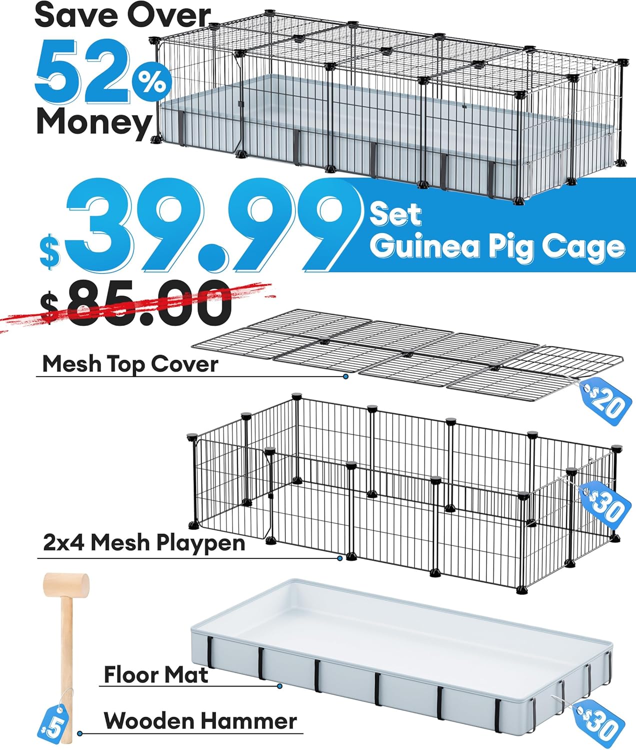 BUCATSTATE Guinea Pig Cages with Floor Mat, 20 Panels Guinea Pigs Playpen with Top Cover, Metal Rabbit Cage Indoor for Hedgehogs, Quail, Chickens