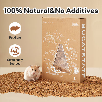 BUCATSTATE Cork Bedding 5L, Natural Hamster Bedding Odor Control for Dwarf Syrian Hamsters, Gerbils, Mice, Low-dust Hamster Substrate with Paper Hideout Box (Grain 2-4mm or 4-5mm)