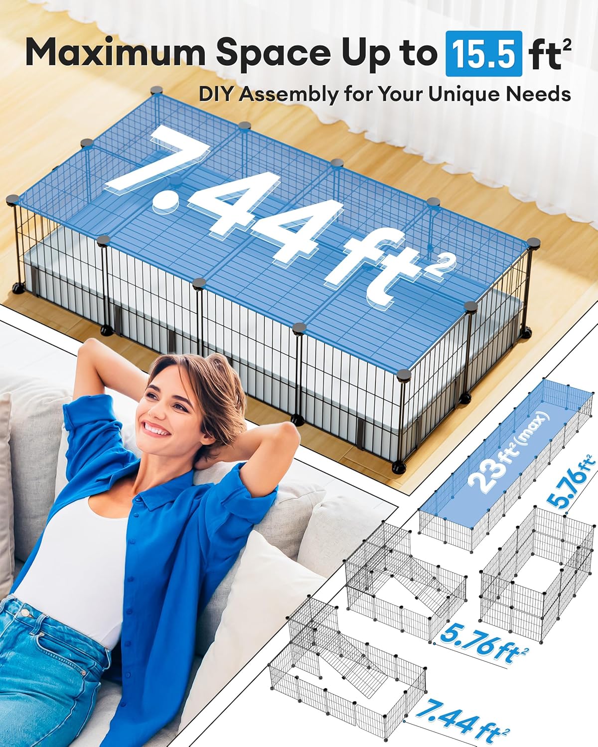 BUCATSTATE Guinea Pig Cages with Floor Mat, 20 Panels Guinea Pigs Playpen with Top Cover, Metal Rabbit Cage Indoor for Hedgehogs, Quail, Chickens