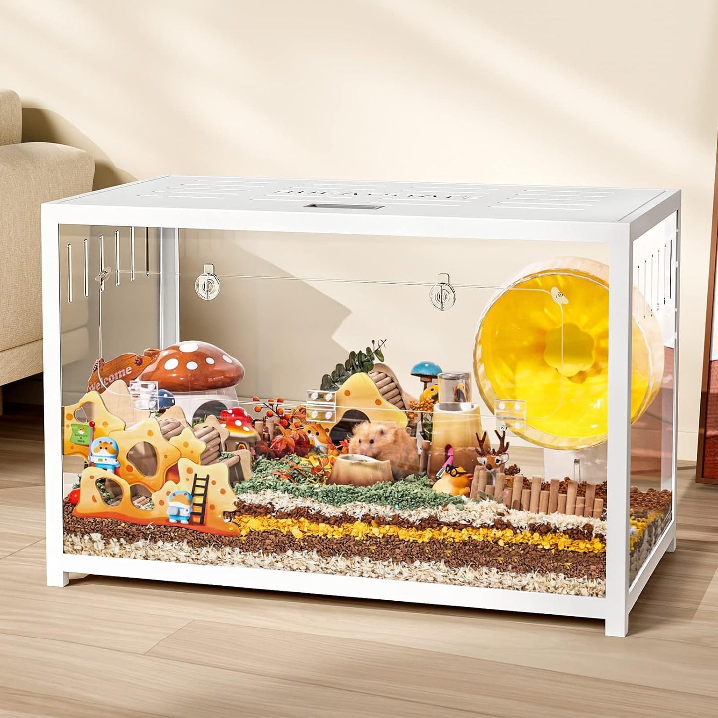 BUCATSTATE 65cm Metal Hamster Cage - Clear Aquarium Style, 2 Doors. Easy Assembly, Durable & Stable. For Hamsters, Hedgehogs, Reptiles. White, W65×D40×H42cm