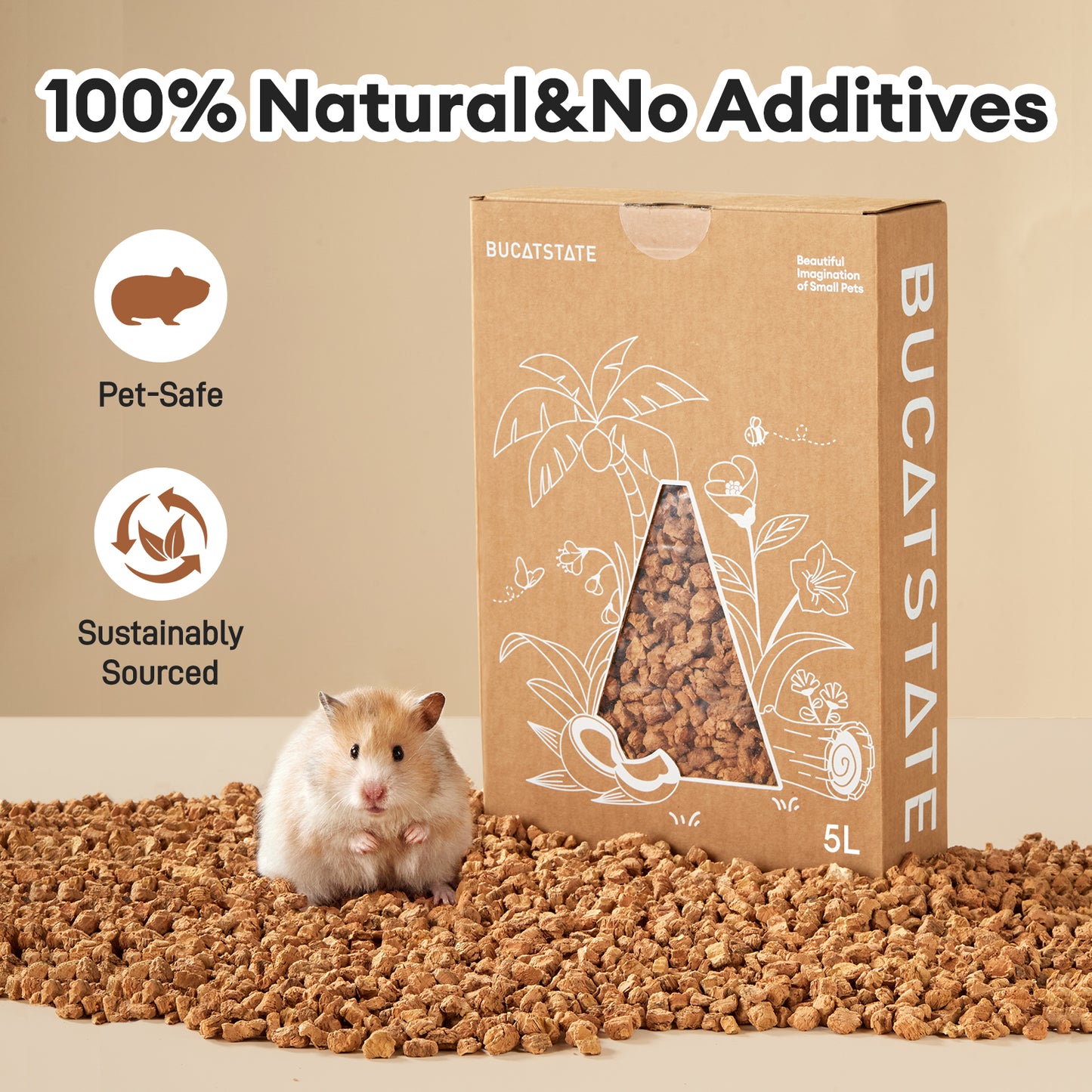 BUCATSTATE Cork Bedding 5L, Natural Hamster Bedding Odor Control for Dwarf Syrian Hamsters, Gerbils, Mice, Low-dust Hamster Substrate with Paper Hideout Box (Grain 2-4mm or 4-5mm)