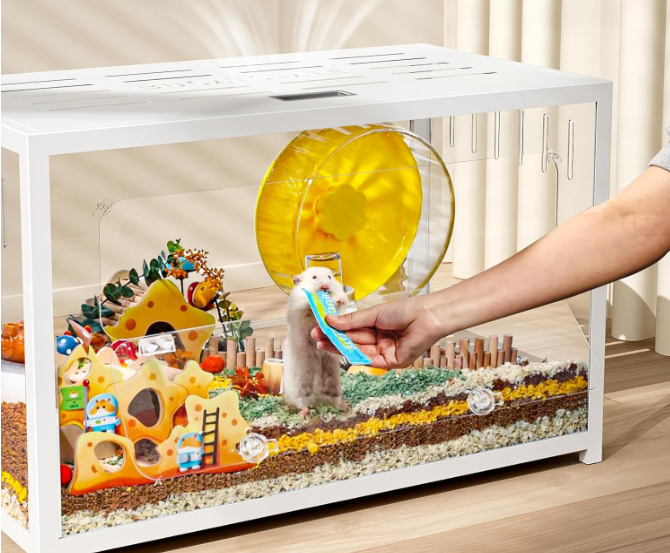 BUCATSTATE 65cm Metal Hamster Cage - Clear Aquarium Style, 2 Doors. Easy Assembly, Durable & Stable. For Hamsters, Hedgehogs, Reptiles. White, W65×D40×H42cm